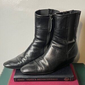 Prada Black Leather Sport Wedge Heel Comfort Women's Ankle Boots Sz 38 1/2